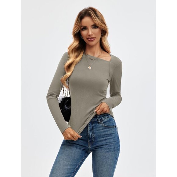 Women's Asymmetrical Neck Long Sleeve Shirt Slim Fit Trendy Going Out Tops - Picture 5 of 6
